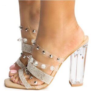 BAMBOO Clear and Silver Studded Heels